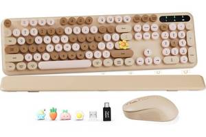 lot 9564 image: Wireless Keyboard and Mouse Combo, Round Keycaps, Full-Size Retro Typewriter Keyboard with Detachable Wrist Rest, Sleep Mode & Tilt Legs, 2.4GHz Cordless Connection for MacWindowsPC (Latte)
