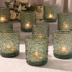 lot 9592 image: Green Votive Candle Holder Set of 12, Flower Tea Lights Candles Holders for Wedding Table Decor, Birthday Parties, Vintage Home Decor, Bridal Shower and Holiday Decorations
