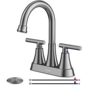 lot 9610 image: Bathroom Faucets for Sink 3 Hole, Hurran 4 inch Brushed Grey Bathroom Sink Faucet with Pop-up Drain and Supply Hoses, Stainless Steel Lead-Free Centerset Touch On Faucets for Vanity RV