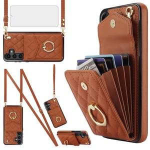 lot 9641 image: Phone Case for Samsung Galaxy S24 5G Wallet Cover with Tempered Glass Screen Protector Crossbody Wrist Strap Ring Stand RFID Blocking Credit Card Holder Cell S 24 24S G5 SM-S921U Women Men Girls Brown