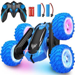 lot 9658 image: KKONES Remote Control Car, 2.4GHz Double Sided 360° Flips Rotating Electric Race RC Stunt Car, LED Wheel & Headlight High Speed Off Road Cars Toy Gift for 3 4 5 6 7 8-12 Year Old Boy Toys (Blue)