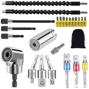 lot 9660 image: Flexible Drill Bit Extension and Universal Socket Wrench Tool Set, Hex Shank 105° Right Angle Drill Attachmen, 3pcs 14 38 12 Universal Socket Adapter Set and Screwdriver Bit Kit