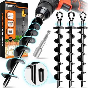 lot 9678 image: Premium 4 Pack Ground Anchors with Power Nut Driver Drill Bit, Ground Anchors Screw in, Swing Set Anchors, Trampoline Anchors High Wind Heavy Duty for Camping Tents, Car Ports, Swing Sets, Canopies