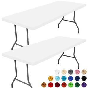 lot 9680 image: Moosfor Spandex 6 Foot Rectangle Table Cloth 2 Pack, Elastic Fitted Tablecloths for Picnic, Stretch Washable Patio Table Cover for Outdoor, Camping, Banquet and Parties (White, 30x72)