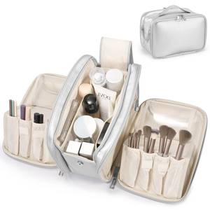 lot 9688 image: Travel Makeup Bag Womens Large Capacity Cosmetic Portable Organizer Large Opening Waterproof Storage Toiletry Bags Vertical Free-Standing Brush Holder for Easy Access Silver