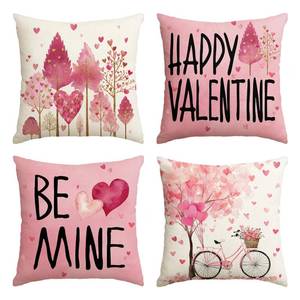 lot 9701 image: AVOIN colorlife Happy Valentines Day Pink Heart Trees Throw Pillow Covers, 18 x 18 Inch Be Mine Bicycle Balloon Anniversary Wedding Cushion Case Decoration for Sofa Couch Set of 4