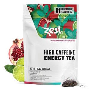 lot 4118 image: Zest Energy Green Tea Pomegranate Mojito High Caffeine Tea Bags for Focus &amp Morning Energy Natural Caffeinated Tea with 135mg Caffeine Coffee Substitute 20Ct Pack, Non-GMO &amp Keto Friendly