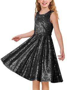 lot 4325 image: Haloumoning Girls Sequin Dress Kids Sleeveless Formal Party Elegant Fancy Flowy Dresses Kids Medium Black