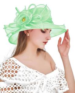 lot 4334 image: ELLYDOOR Women Derby Fascinator Hats Organza Church Wedding Hat Wide Brim Cocktail Tea Party Hat Mint Green ADULT