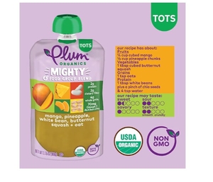 lot 4338 image: Plum Organics - 12 Months Organic Baby Food - Mango, Pineapple, White Bean, Butternut Squash & Oat - Non-GMO - On-The-Go Pouches for Baby & Toddler - Quality Tested Ingredients - 3.75 oz (Pack Of 6)