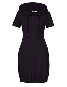 lot 4349 image: MISSKY Women Short Sleeve Pocket Solid Color Pullover Hooded Tunic Dress,Black XL