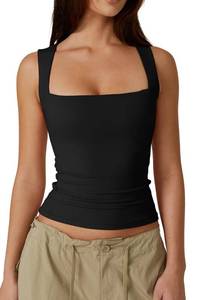 lot 4368 image: QINSEN Womens Square Neck Sleeveless Double-Layer Tank Tops Basic Tight T Shirts Black XL