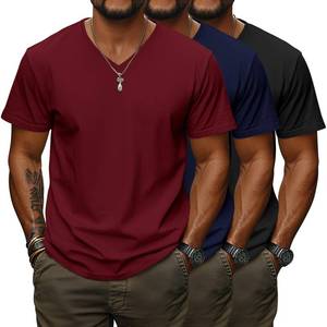 lot 4413 image: Ficerd 3 Pack Big and Tall V Neck Shirts for Men, Cotton Short Sleeve T Shirts Loose Casual Summer Basic Tee(Black, Navy Blue, Wine Red, 7X-L