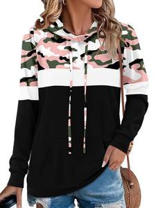 lot 4429 image: Angerella Camo Hoodie Sweatshirt for Women Pullover Color Block Long Sleeve Hooded Camouflage Shirts with Pocket XXL