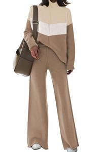 lot 4438 image: AOHITE Womens 2 Piece Outfit Sets Knit Pullover Sweater Top and Wide Leg Pants Lounge Sweatsuit Tracksuit Flaxen Medium