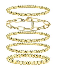 lot 4468 image: shownee Gold Beaded Bracelet for Women 14K Gold Plated Bracelets Gold Stretch Bead Ball Bracelet Hypoallergenic Stackable Bracelet Set 4mm 6mm Gold Beaded