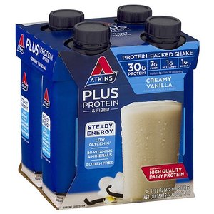 lot 4511 image: ATKINS PLUS PROTEIN & FIBER SHAKES CREAMY VANILLA 4-11OZ BOTTLES