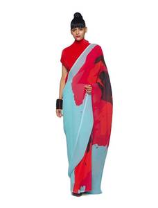 lot 4547 image: Sidhidata Womens Full Crushed Digital Printed Pure Georgette Saree With Unstitched Blouse Piece (Sky Blue-Red)