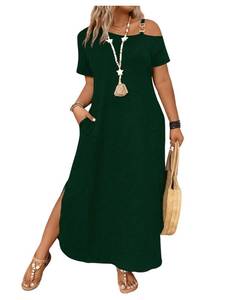 lot 4576 image: SOLY HUX Womens Plus Size Cold Shoulder Short Sleeve Split Hem T Shirt Dress Summer Long Maxi Dresses Pure Dark Green XX-Large Plus