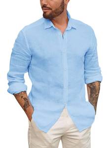 lot 4628 image: Mens Button Up Shirts Linen Beach Long Sleeve Casual Cotton Summer Lightweight Tops 1 Blue XX-Large