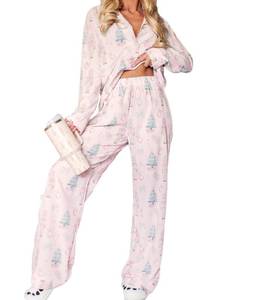 lot 4640 image: Faretumiya Women Silk Satin Christmas Pajamas Xmas Long Sleeve Sleepwear Holiday Print Two Piece Pjs Pants Set(Santa Pink,Large)