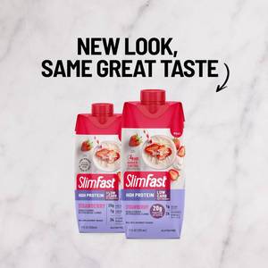 lot 4652 image: SlimFast Protein Shake, Strawberry- 20g Protein, Meal Replacement Shake Ready to Drink, High Protein with Low Carb and Low Sugar, 24 Vitamins and Minerals, 4 Count