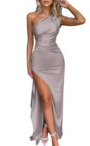 lot 4668 image: Memoriesea Womens Sexy One Shoulder Satin High Split Cocktail Wedding Party Maxi Dress Shallow Apricot Large