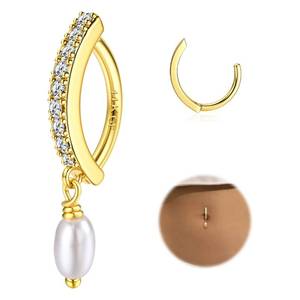 lot 4675 image: FIBO STEEL 14K Gold Plated Belly Button Rings for Women Clicker Dangle Belly Rings CZ Pearl Star Shells Barbell Navel Rings 316L Surgical Steel Belly Piercing Jewelry 14G Pearl Dangle