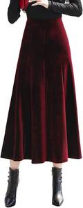 lot 4678 image: Womens Vintage Velvet A-line Elastic High Waist Pleated Solid Swing Flowy Midi Skirt Thicken Warm for Winter(XL,Wine)