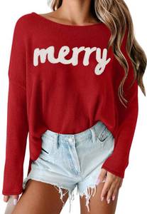lot 4737 image: CAZYCHILD Christmas Sweater for Women Merry and Bright Sweatshirt Funny Holiday Knitted Pullover Long Sleeve Xmas 2025 Trendy Red large