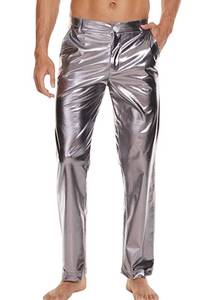 lot 4752 image: Mens Metallic Shiny Disco Pants, Wet Look Party Dance Straight Leg Trousers, 70s80s Festival Rave Cosplay Leather Pants (Grey, L)