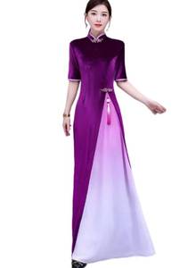 lot 4784 image: Tinhulf Purple Chinese Traditional Womens Velvet Chi-pao Qipao Cheongsam Party Mermaid Split Long Dress 3XL