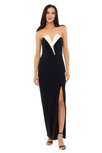 lot 4791 image: Betsy & Adam Womens Long Strapless Stretch Scuba Crepe Tuxedo Dress, Black and White, 6