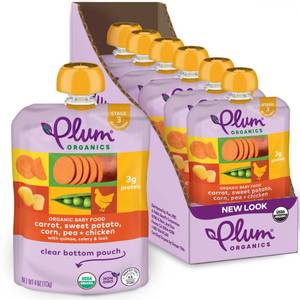 lot 4792 image: Plum Organics Stage 3 Organic Baby Food - Carrot, Sweet Potato, Corn, Pea, and Chicken - 4 oz Pouch (Pack of 6) - Organic Baby Food Pouch