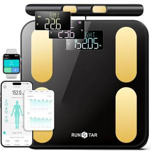 lot 141976 image: Retails for $241 RunStar Scale for Body Weight and Fat, BMI Muscle Mass to 28 Body Composition, FSA&HSA Eligible Digital Bathroom Scales 8-Electrode with Voice Prompt High Accurate Bluetooth Weight Scale, Gold