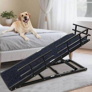 lot 451861 image: Retails for $170 Dog Ramp for Bed - 65 Length, Supports up to 32 Height,Includes Non-Slip Replaceable Carpet, Safety Rails & Landing Platform,Adjustable & Foldable Pet Ramp for LargeSenior Dogs to Get on Bed-Black