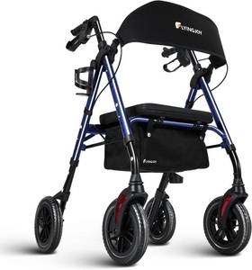 lot 451864 image: Retails for $150 Lightweight Rollator Walker with Seat - Royal Blue, All Terrain 8  Airless Tires, 300 lbs Capacity, Adjustable Height & One-Hand Folding Mobility Aid for Seniors, Elderly, Indoor Outdoor Use