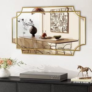 lot 451892 image: Retails for $110 Gold Mirror for Wall, 36x24 Gold Wood Framed, Scalloped Beveled Polished Rectangle Mirror, Large Decorative Mirrors for Wall Decor, Irregular Mirror for Living Room, Bathroom Vanity, Entryway