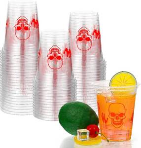 lot 2470 image: CHENGU 100 Pack 12 Oz Halloween Plastic Cups Happy Halloween Party Cups Skinny Skull Bloody Hand Print Disposable Cup Clear Plastic Supplies for Smoothies Juices Soda Drinks