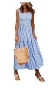 lot 2474 image: AlvaQ Women Summer Dresses Sleeveless Smocked Midi Dress High Waist Casual Tiered A Line Sundress with Pockets Small