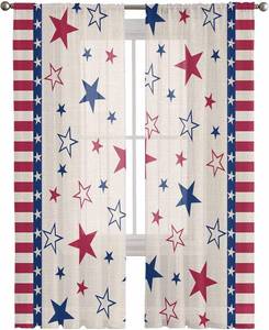 lot 2476 image: Semi Sheer Curtains for Windows, Independence Day Stars Stripe Light Filtering Voile Drapes USA Flag on Vintage Linen Privacy Window Treatment for Bedroom Living Room Decor,72 Length 2 Panels Set