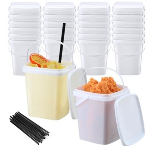 lot 2482 image: 20 Pcs 33.8 oz Clear Drink Buckets with Lids, Straws and Ice Cream Buckets, Reusable Food and Drink Containers for Outdoor Holiday and Birthday Party with 200 Pcs Unicorn Stickers