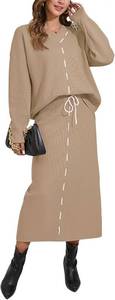 lot 2497 image: Pink Queen 2025 Womens 2 Piece Sweater Set V Neck Rib Knit Long Sleeve Maxi Bodycon Skirt Casual Outfits Medium