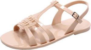 lot 2528 image: Women Sandals Jelly Shoes Flats Size 9 Beige T-Strap Crystal Jellies Slides Clear Rain Slippers Glitter Summer Beach Retro Size 9-9.5