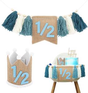 lot 2555 image: 12 Birthday Boy, 6 Month Boy Banner Decorations Hat, Blue Tassel Wood Bead High Chair Garland For Baby Birthday Party Nursery Room Decoration