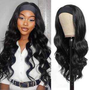 lot 2638 image: BrittyHair Body Wave Headband Wig Human Hair Glueless Wear and Go Curly Wigs 180% Density Half Wigs for Black Women Machine Made Human Hair None Lace Front Natural Black Wig