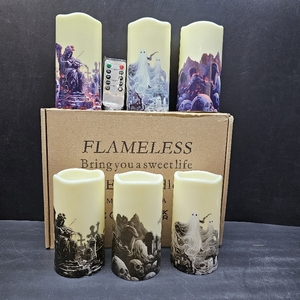 lot 2660 image: Halloween LED Flameless Candles, Gothic Design, Set of 6, 5.7x3 inch, Remote Control with Timer, Battery Operated (6, D 3 )
