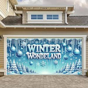 lot 2690 image: Winter Wonderland Garage Door Banner 13x6ft Snowy Landscape Decoration Icicles Ornaments Photo Prop Background for Peaceful Holiday Outdoor Festive Display Party Supplies