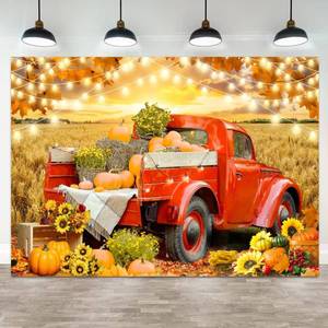 lot 2692 image: 7x5ft Fall Backdrop Vintage Red Truck Autumn Harvest Photography Background Sunflowers Hay Bales Sunset Field Seasonal Banner Decorations Farm Theme Thanksgiving Portrait Photo Booth Prop