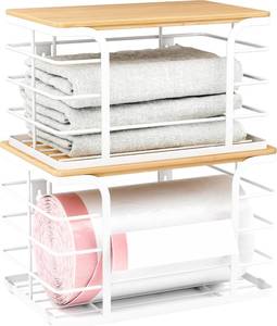 lot 2707 image: 2 Pack Extra Large Stackable Pantry Organizer,Wall Mount Garbage Bag Holder Dispenser with Bamboo Top for Kitchen Laundry Room Organization,White